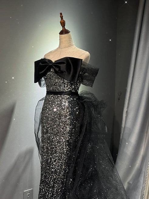 Sequins and Tulle Sweethart Off Shoulder Party Dress, Sequins Long Party Dress Prom Dress